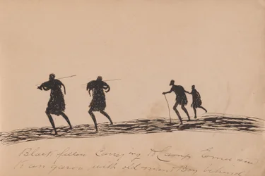 Kwatkwat - Schwarzer Mann trägt einen Emu und ein Känguru zum Lager, hinter ihm ein alter Mann und ein Junge - Skizzenbuch über Aktivitäten der Aborigines ...